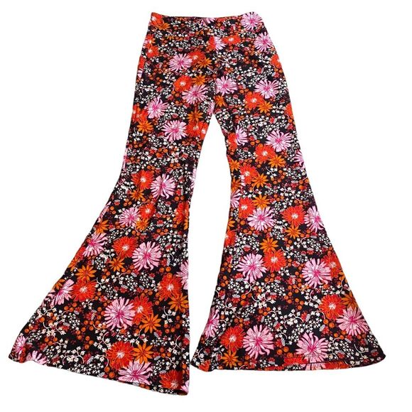 Flower Power Hippie Bell Bottom‎ Stretch Pants Pink Orange Ribbed Women’s Size S - Picture 1 of 3